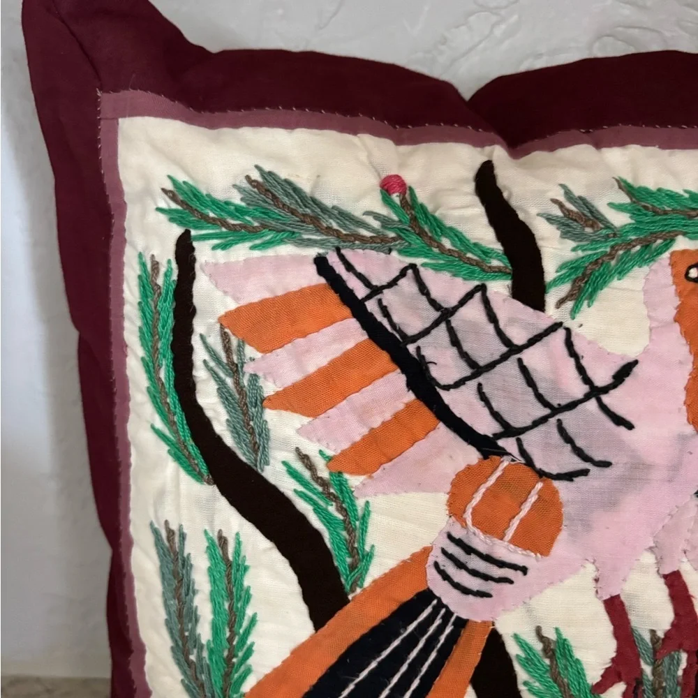 Embroidered Bird Tree Accent Pillow Burgundy Border, Multicolor Intricate